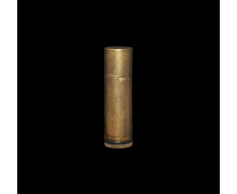 Early 20th century AD. A handmade World War I brass cigarette lighter with push-fit cap, flint wheel and wick; screw base and