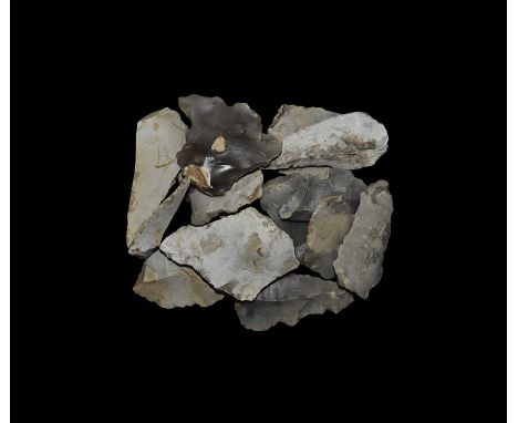 Mesolithic, 30000-15000 BP. A mixed group of knapped flint microliths comprising: five narrow pointed burins, nine broad scra