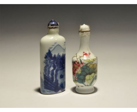 20th century AD. A pair of white-glazed ceramic perfume bottles comprising: one with deep shoulder, polychrome floral motif; 