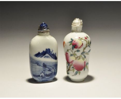 20th century AD. A pair of white-glazed ceramic perfume bottles, one with blue landscape and lake, one with peaches, branch a