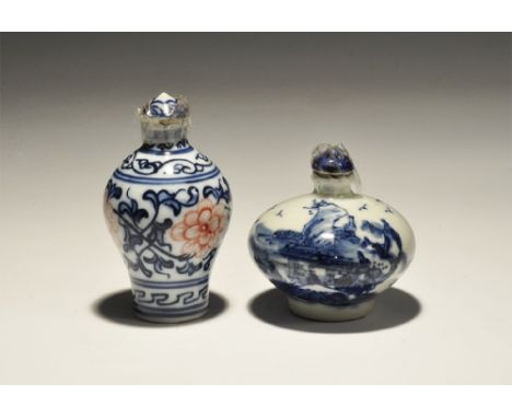 20th century AD. A pair of white-glazed ceramic jars comprising: on tall with blue and red floral detail, signature to the un