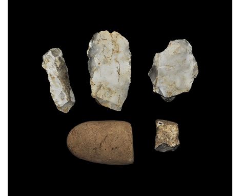 Mesolithic, 30000-15000 BP. A mixed group comprising: a 'Thames Pick' flint axe; two massive flint cleavers formed on heavy f