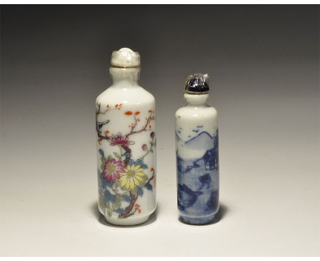 20th century AD. A pair of white-glazed ceramic bottles, one with blue landscape, one with polychrome flowers. 79 grams, 68-8