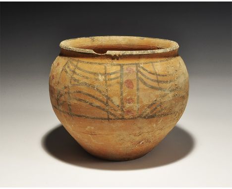 An undated archaistic terracotta jar with chamfered everted rim, painted band of geometric designs in black and red to the sh