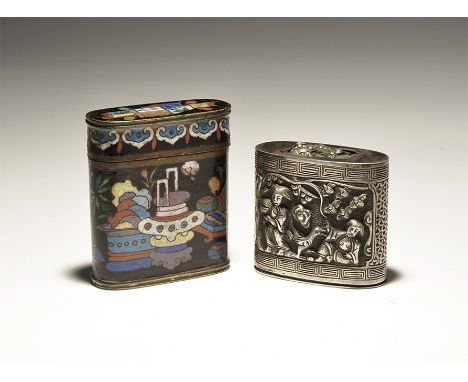 19th-early 20th century AD. A pair of rounded cases comprising: a brass canister with polychrome cloison enamel designs of ve