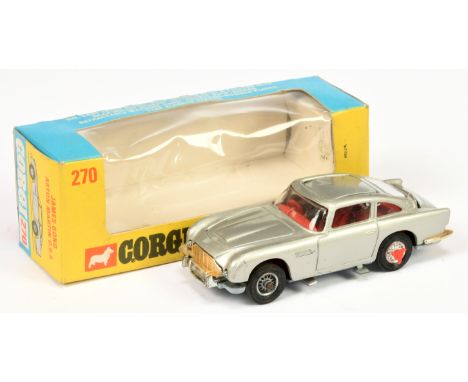 Corgi 270 James Bond Aston Martin DB5 - metallic silver body, red interior with James Bond Figure, grey base, wire wheels - G