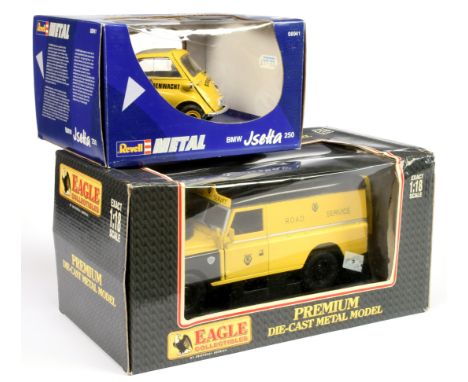 A boxed pair of 1:18 scale models (1) Eagle Collectibles Long Wheel Base Land Rover in AA Road Service early yellow livery wi