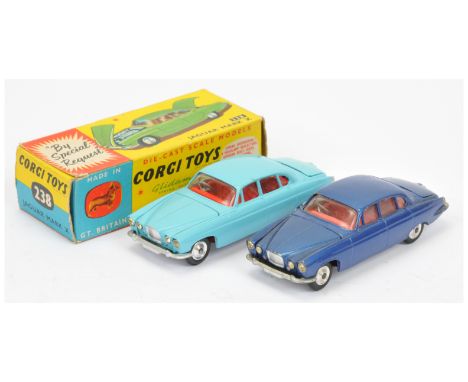 Corgi pair of 238 Jaguar Mark X - (1) metallic dark blue body, red interior, spun hubs -&nbsp; Excellent with a few chips unb