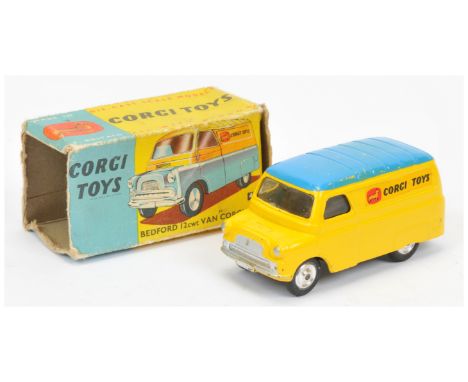 Corgi 422 Bedford Van "Corgi Toys" - &nbsp;yellow body, mid-blue roof, spun hubs - Good Plus in Poor box (missing 1 end flap 