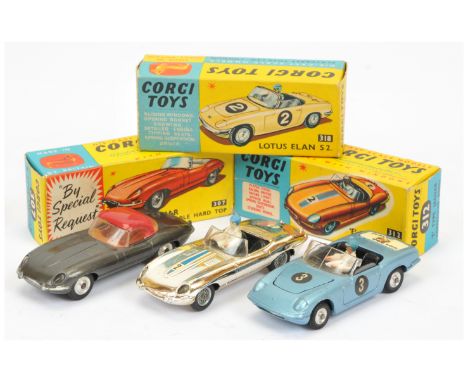 Corgi British Sports Cars - to include (1) 307 Jaguar Type E with detachable hard top - graphite grey body, red detachable ho