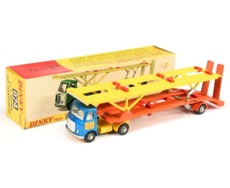 Dinky 974 AEC Articulated Hoyner Car Transporter - metallic blue Tractor Unit with white interior, lemon yellow chassis, blac
