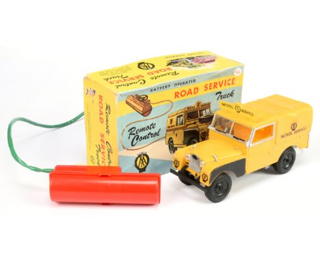 Marx plastic battery-operated remote control Land Rover "AA Road Service" - yellow, black, silver trim with detachable header