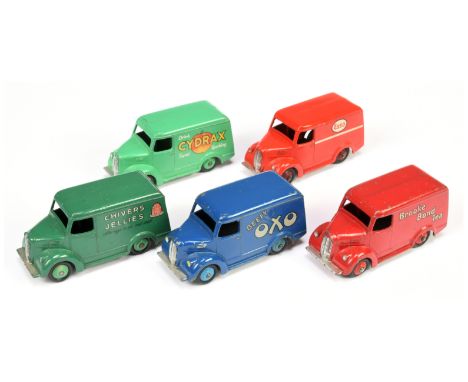 Dinky 5 x Trojan Vans - (1) "Beefy OXO" (headlamps repainted); "Chivers Jellies"; "Cydrax"; "Brooke Bond Tea"; "Esso with mar