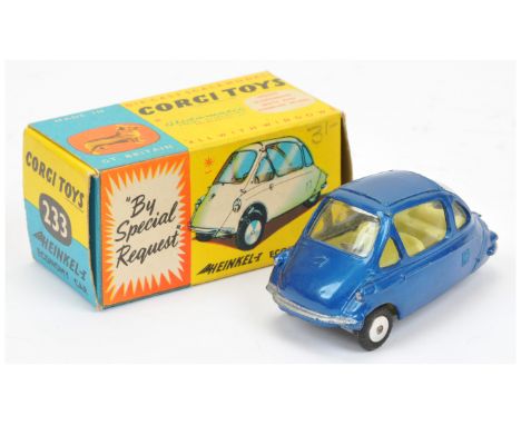 Corgi 233 Economy Car - metallic dark blue, lemon interior, flat spun hubs - excellent to Near Mint in Excellent Plus box.