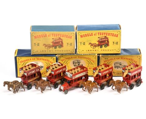 Matchbox Models of Yesteryear Y12 London Horse Drawn Bus group (1) red body, chassis and horse bar, brown horses, type A hors