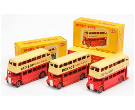 Dinky 3 x&nbsp; 290 "Dunlop" Double Deck Buses - all are red lower deck &amp; ridged hubs, cream upper deck - (1) AEC grille,