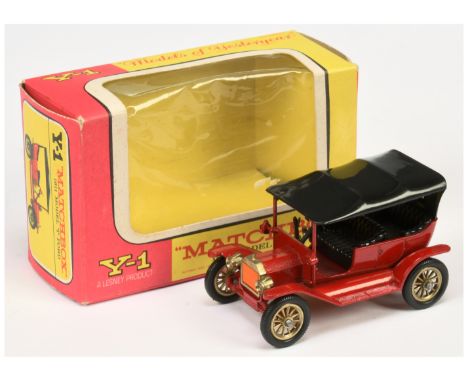 Matchbox Models of Yesteryear Y1 1911 Ford Model T Car - colour trial model, red body &amp; chassis, black smooth roof, black