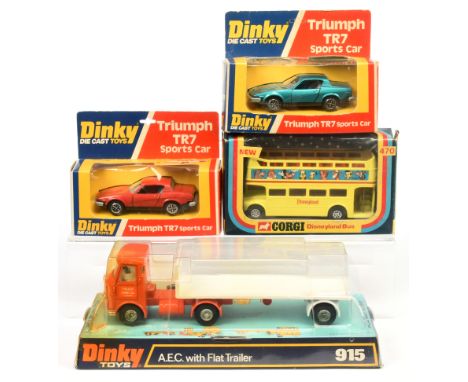 Dinky &amp; Corgi Group of 1970's Issue Models - (1) 915 AEC Articulated Flat Truck "Truck Hire Co"; (2) 211 Triumph TR7 - me