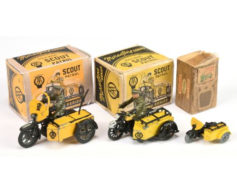 Vintage Motorcycle AA Patrol group (1) Benbros (2) Morestone Scale Model Scout Patrol (3) Similar but dark yelow (reproductio