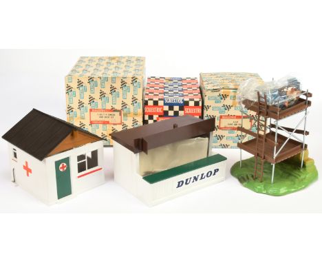 Scalextric 2 x Trackside buildings &amp; TV Tower - Including (1) A/202 RACING PIT; (2) A/211 FIRST AID HUT; (3) F/302 T V CA