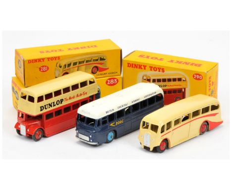 Dinky Group of Buses &amp; Coaches - (1) 281 Luxury Coach - Cream body with red stripes &amp; ridged hubs; 283 B.O.A.C Airpor