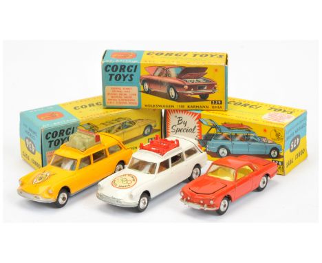 Corgi Group of 1960's issue European Cars - to include (1) 239 Volkswagen 1500 Karmann Ghia - red body, yellow interior, spun