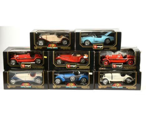 Burago 1/18th scale die-cast model cars including 3005 1934 Bugatti Type 59, 3008 1932 Alfa Romeo 2300 Spider, 3009 1928 Merc