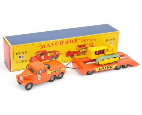 Matchbox King Size K8 Scammell Ballast Tractor &amp; Low Loader Trailer With Caterpillar Tractor Load - thich lettered "Laing