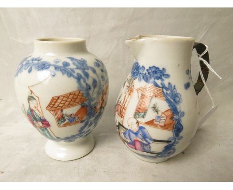 An 18th century Chinese Export porcelain sparrow beak jug with later wire metal handle, famille rose decoration of figures in