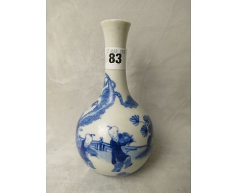 An early 18th century Chinese Kangxi porcelain export bottle vase, blue and white with figures in a garden scene, six charact