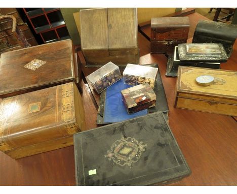 A mixed selection of 19th century wooden boxes to include a papermache tea caddy, (all A/F for restoration)