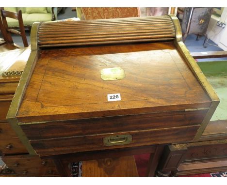 A Victorian mahogany tambour fronted travelling desk top, the base drawer and sides with inset brass handles, the fold over t