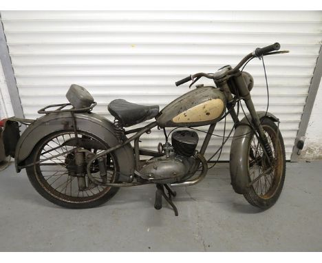 A BSA 175 Bantam 1953 motorcycle, in need of restoration. Frame No 54806. Engine No. BD38 12505. Registration No. WVT 966