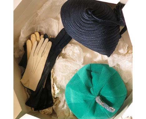 Two vintage hats and a selection of vintage kid leather gloves