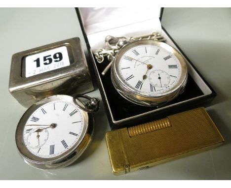 Two late 19th century silver, open faced pocket watches, silver fob chain, gold plate Dunhill lighter and travel ink well