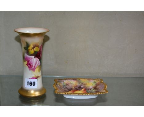 A Royal Worcester vase, painted with roses and signed by E. S. Pilsbury, of flared cylindrical form, green printed mark, date