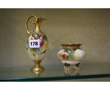 A small Royal Worcester ewer painted with roses, 17.5cm high, shape H 271; and a Hadley's Worcester low vase painted with ros