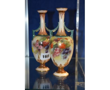 A pair Hadley's Worcester two-handled slender vases, painted with fruiting blackberries, circa 1900 16.5cm high