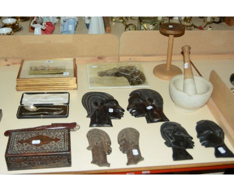 A quantity of collectable items to include a pestle and mortar, a printed tile of a horses head, hunting and racing prints, w