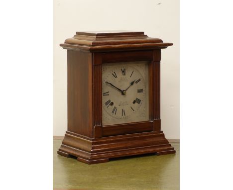 Early 20th century mahogany cased mantle clock, silvered dial with engraved detail, twin train movement striking the hours an