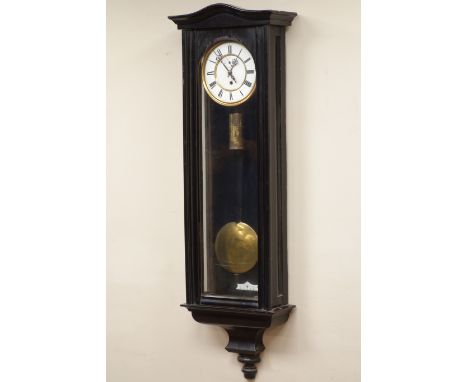 Late 19th century Vienna regulator wall clock in ebonised wood case, white enamel dial, H103cm   Condition Report   Click her
