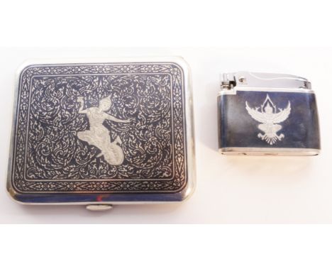 Siamese silver niello cigarette case stamped sterling Siam and Ronson Adonis lighter no 621570 the case stamped sterling made