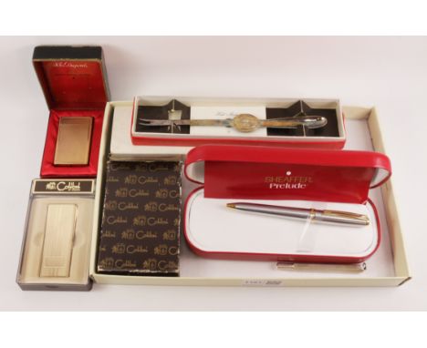 Hallmarked silver pocket fruit/paper knife with stainless blade, hallmarked silver lobster pick, Sheaffer Prelude roller ball