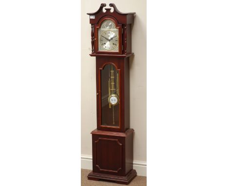 Reproduction mahogany longcase clock, silvered dial, 31 day movement, chiming on hours and halves on gong, H139cm CLOCKS & BA