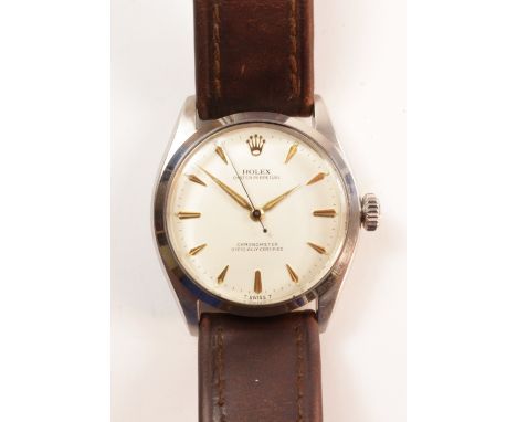Rolex Oyster Perpetual chronometer officially certified stainless steel wristwatch, orignal brown leather strap, case no 9361