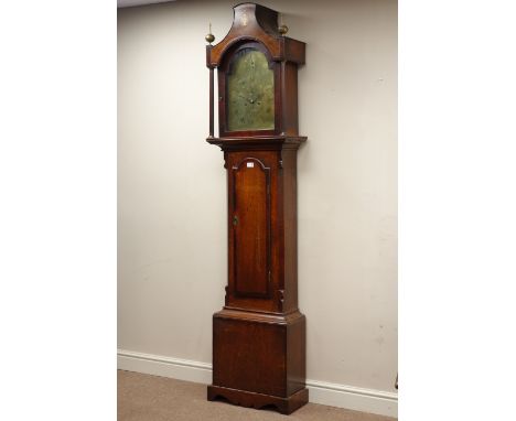 Late 18th century oak and mahogany banded longcase clock, arched top trunk door, pagoda shaped hood with turned supports, fla