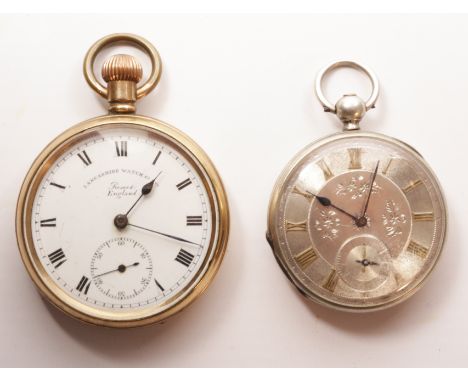 Gold-plated pocket watch by Lancashire Watch Co Ltd Prescot England and an enamel faced pocket watch   Condition Report  tick