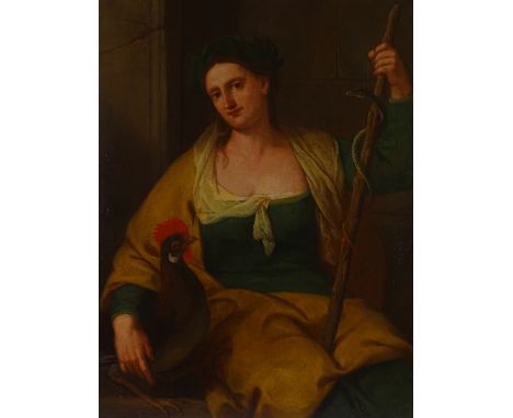 18th century French school, oil on canvas, a Classical portrait of a woman and cockerel, unsigned, 39" x 31", unframed