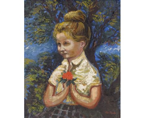 R W Jones, mid-20th century oil on board, girl holding a rose, signed, 22.5" x 18", framed
