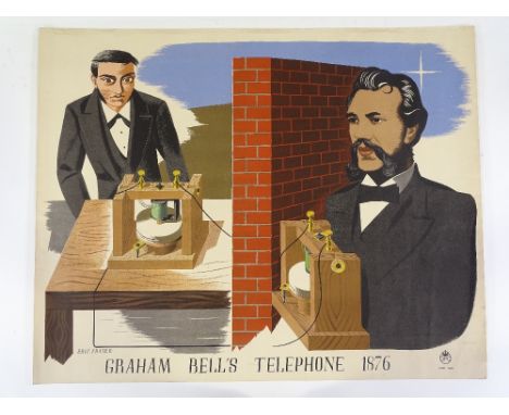 Eric Fraser, 4 GPO lithograph poster prints, depicting Graham Bell's telephone 1876, Hertz's radio set 1886, and Wheatstone's